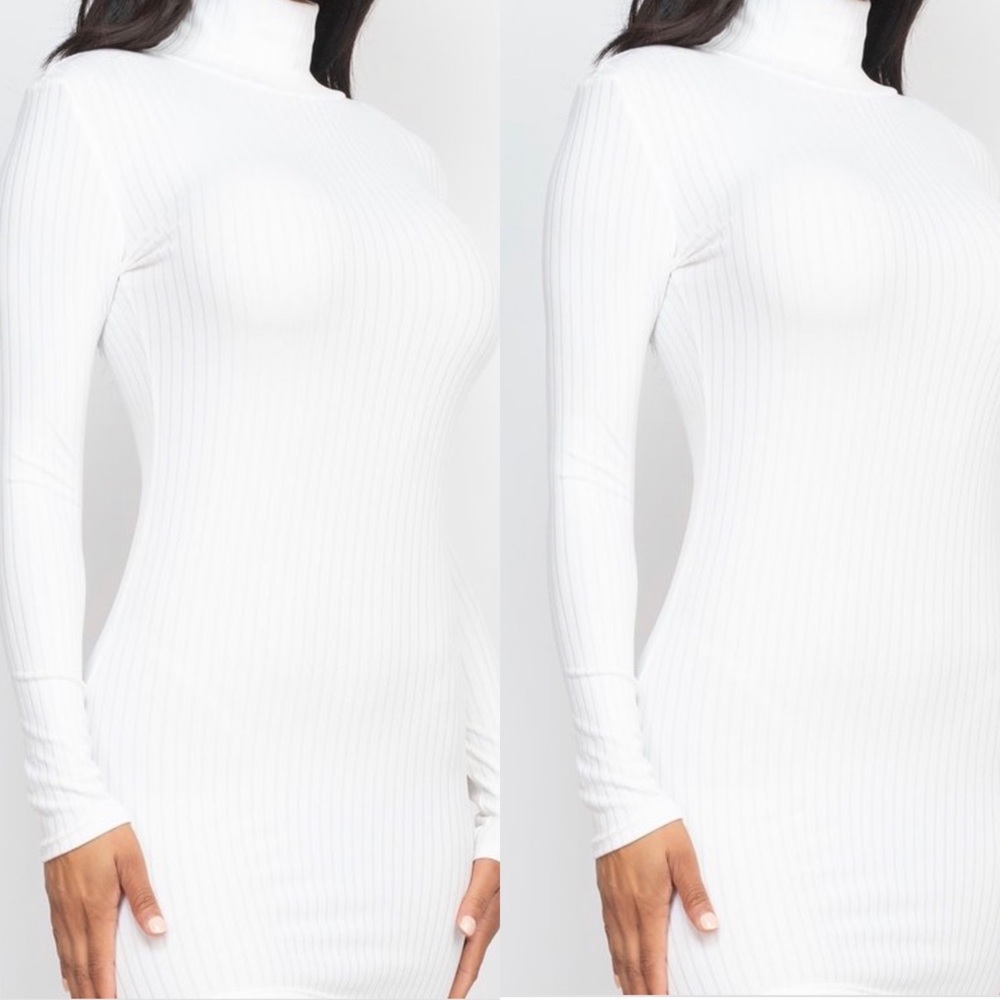 WHITE LONG SLEEVE RIBBED MOCK NECK BODYCON MINI  DRESS - Picture 4 of 4